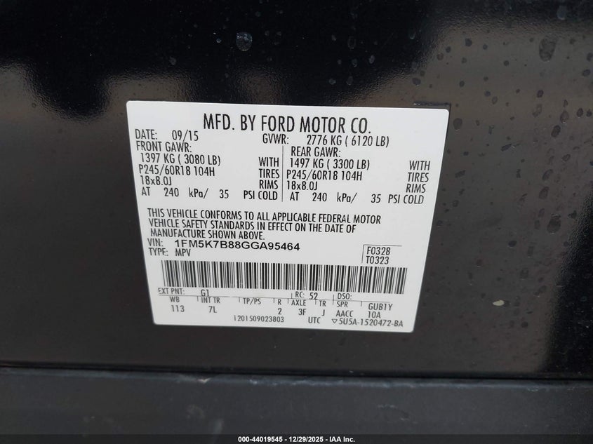 2016 Ford Explorer VIN 1FM5K7B88GGA95464 IAAI salvage auction — FRONT END, Salvage Title, sold $675 on 2026-07-09 (photo 9)