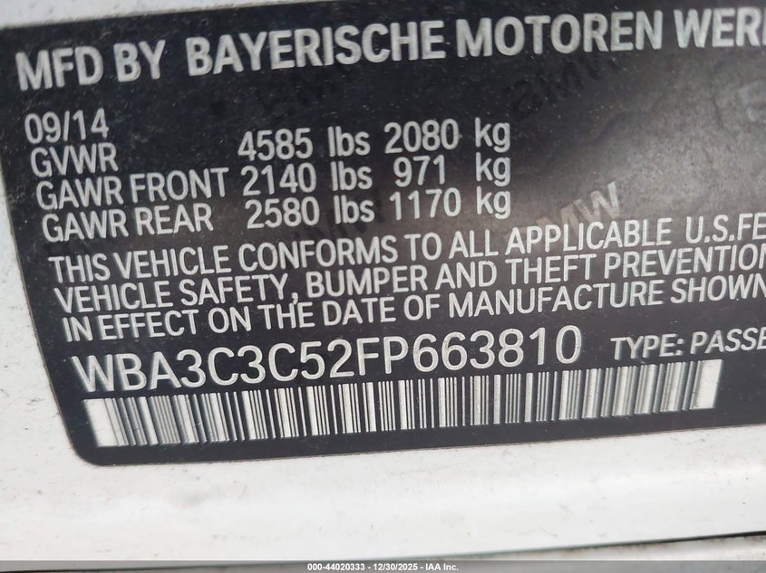 2015 BMW 3er VIN WBA3C3C52FP663810 IAAI salvage auction — FRONT END, Salvage Title, sold $425 on 2026-07-21 (photo 9)