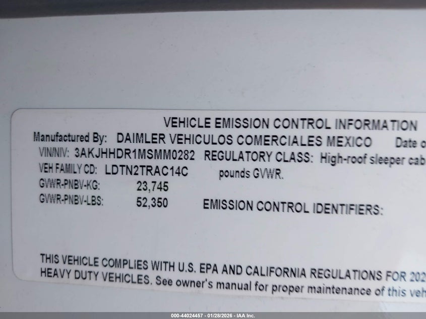 2021 Freightliner New cascadia 126 VIN 3AKJHHDR1MSMM0282 IAAI salvage auction — FRONT END, Salvage (Oklahoma), sold $7,500 on 2026-08-06 (photo 7)
