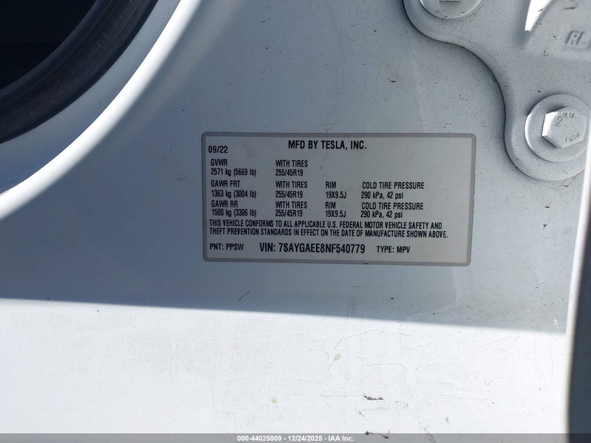 2022 Tesla Model y VIN 7SAYGAEE8NF540779 IAAI salvage auction — FRONT END, Salvage (Hawaii), sold $6,950 on 2026-07-16 (photo 9)