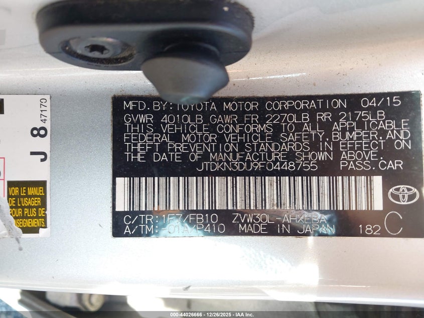 2015 Toyota Prius VIN JTDKN3DU9F0448755 IAAI salvage auction — FRONT END, Other, sold $1,475 on 2026-07-24 (photo 9)