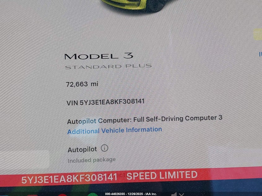 2019 Tesla Model 3 VIN 5YJ3E1EA8KF308141 IAAI salvage auction — Unknown, Original (Texas), sold $5,450 on 2026-03-12 (photo 7)