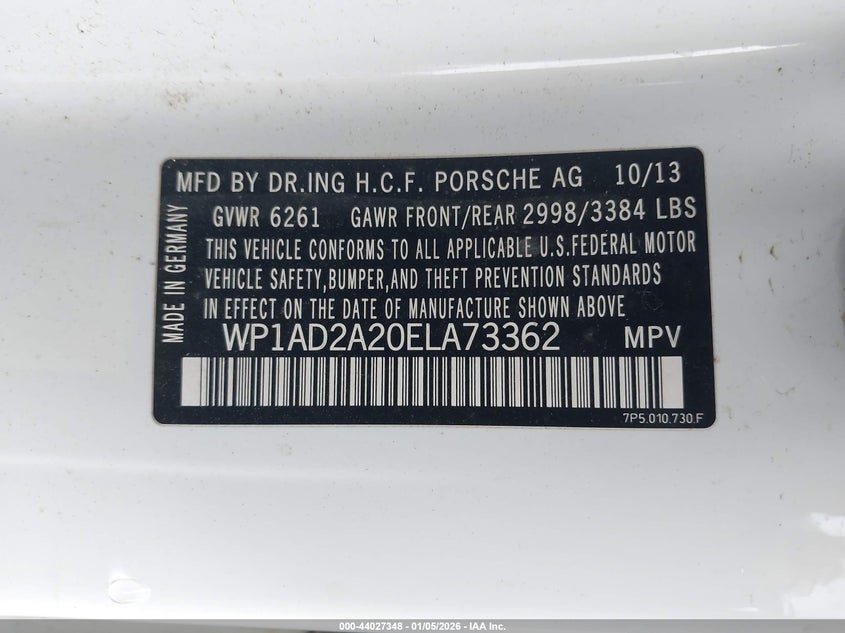 2014 Porsche Cayenne VIN WP1AD2A20ELA73362 IAAI salvage auction — RIGHT FRONT, Salvage (California), sold $1,150 on 2026-07-29 (photo 9)