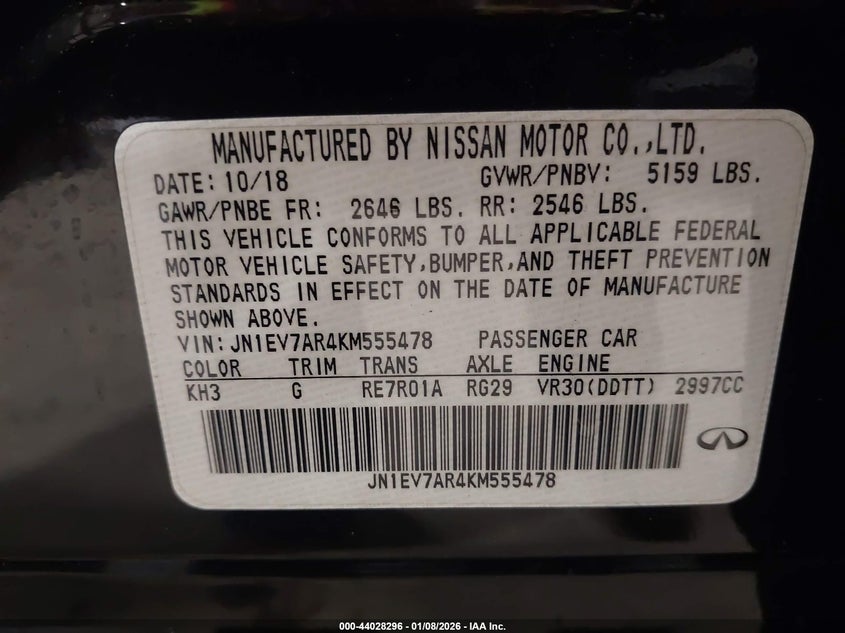 2019 Infiniti Q50 VIN JN1EV7AR4KM555478 IAAI salvage auction — REAR END, Salvage (Colorado), sold $2,650 on 2026-07-21 (photo 9)