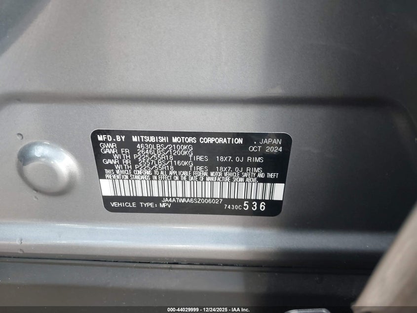 2025 Mitsubishi Eclipse cross VIN JA4ATWAA6SZ006027 IAAI salvage auction — RIGHT SIDE, Clear (Oklahoma), sold $6,000 on 2026-07-29 (photo 9)