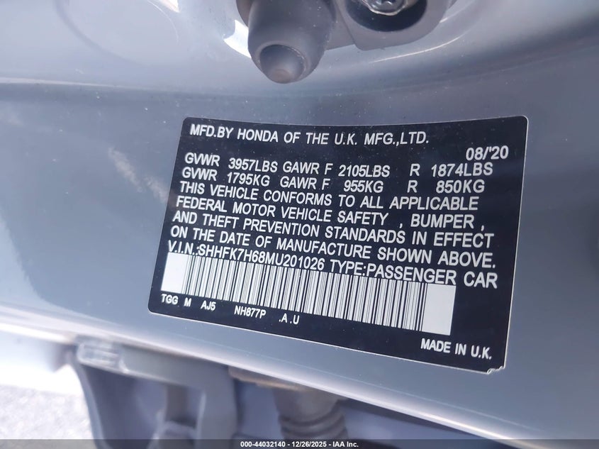 2021 Honda Civic VIN SHHFK7H68MU201026 IAAI salvage auction — REAR END, Salvage Title, sold $4,225 on 2026-07-16 (photo 9)