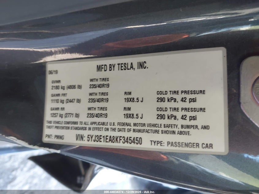 2019 Tesla Model 3 VIN 5YJ3E1EA8KF345450 IAAI salvage auction — LEFT SIDE, Clear (Oklahoma), sold $6,300 on 2026-07-15 (photo 9)