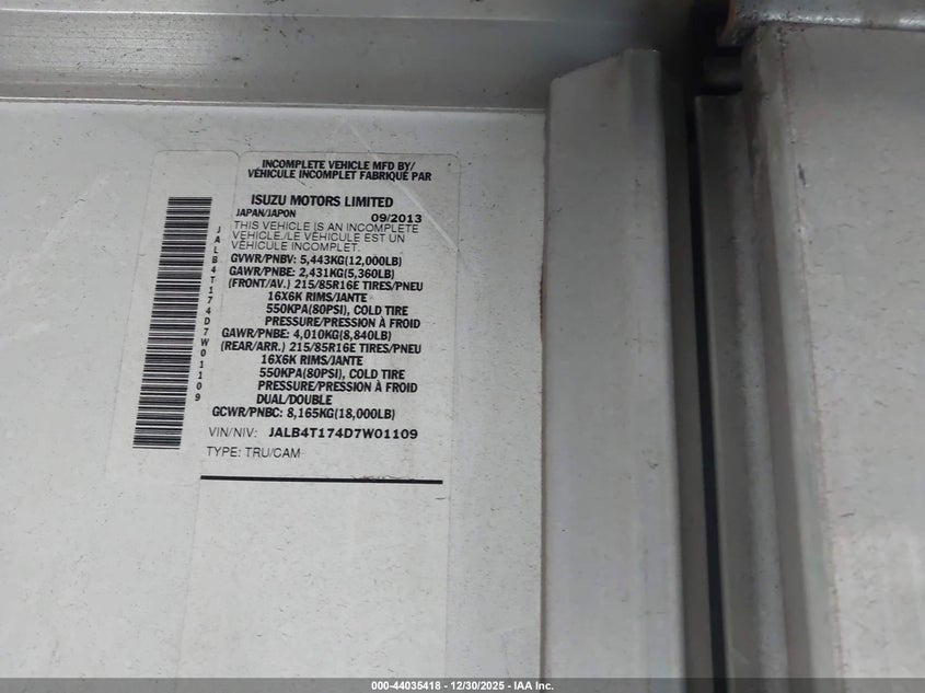2013 Isuzu VIN JALB4T174D7W01109 IAAI salvage auction — REAR END, Bill Of Sale (Massachusetts), sold $50 on 2026-07-28 (photo 8)
