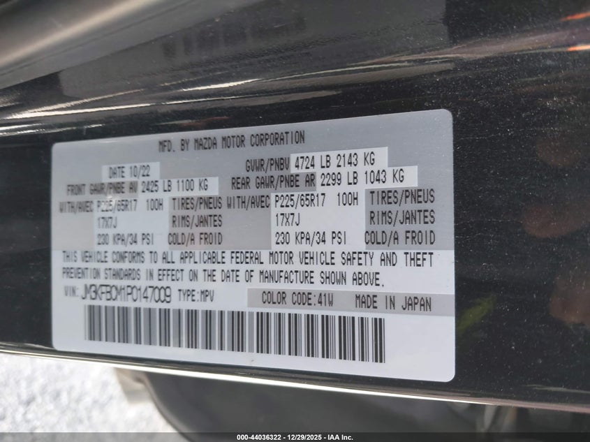 2023 Mazda Cx-5 VIN JM3KFBCM1P0147009 IAAI salvage auction — FRONT END, Clear (Oklahoma), sold $4,550 on 2026-07-15 (photo 9)