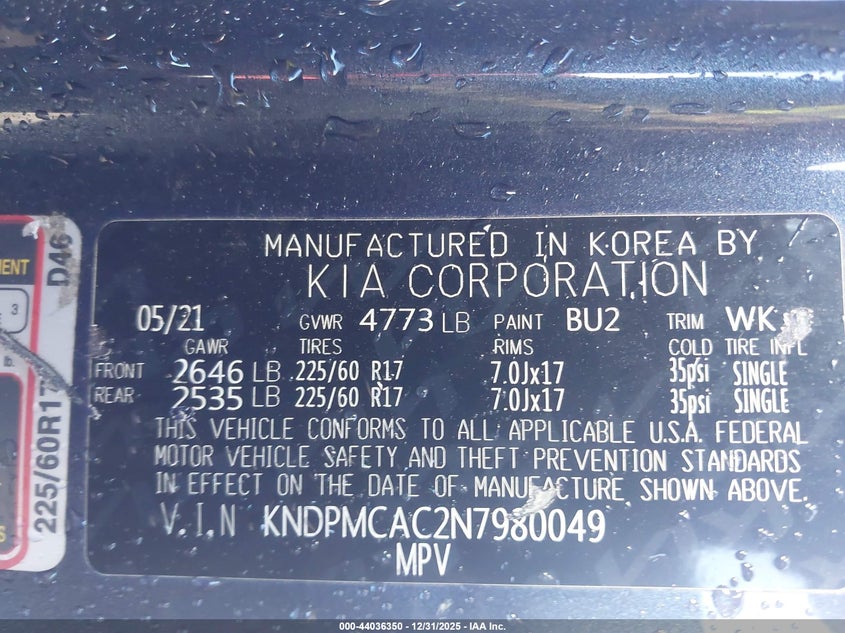 2022 Kia Sportage VIN KNDPMCAC2N7980049 IAAI salvage auction — THEFT, Salvage - Greater Than 75% (Maryland), sold $2,750 on 2026-07-30 (photo 9)