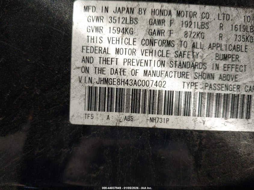 2010 Honda Fit VIN JHMGE8H43AC007402 IAAI salvage auction — FRONT END, Salvage (California), sold $725 on 2026-07-20 (photo 9)