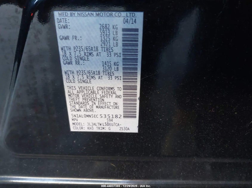 2014 Infiniti Qx60 VIN 5N1AL0MN5EC535182 IAAI salvage auction — SIDE, Salvage (California), sold $325 on 2026-08-19 (photo 9)