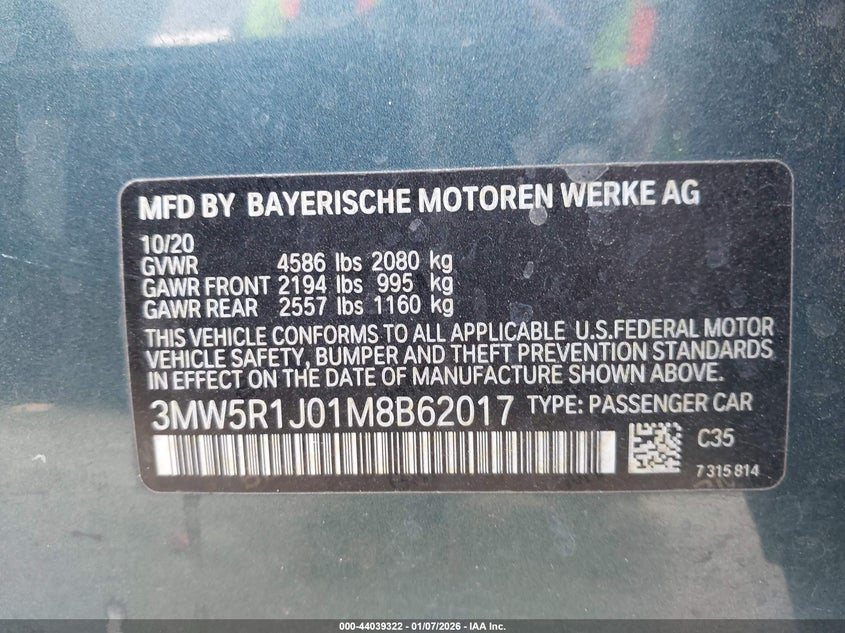 2021 BMW 3er VIN 3MW5R1J01M8B62017 IAAI salvage auction — UNDERCARRIAGE, Salvage Title, sold $8,250 on 2026-07-29 (photo 9)