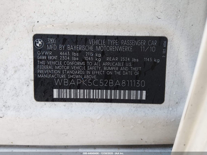 2011 BMW 3er VIN WBAPK5C52BA811130 IAAI salvage auction — LEFT FRONT, Bill Of Sale (Washington), sold $1,000 on 2026-07-16 (photo 9)