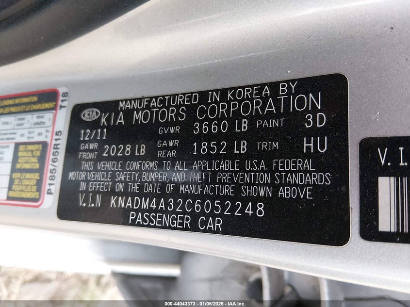 2012 Kia Rio VIN KNADM4A32C6052248 IAAI salvage auction — FRONT END, Salvage Title, sold $350 on 2026-07-16 (photo 9)
