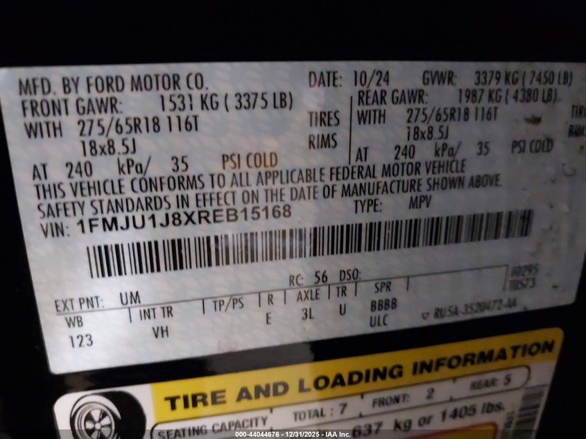 2024 Ford Expedition VIN 1FMJU1J8XREB15168 IAAI salvage auction — RIGHT FRONT, Salvage (Colorado), sold $13,500 on 2026-07-09 (photo 9)