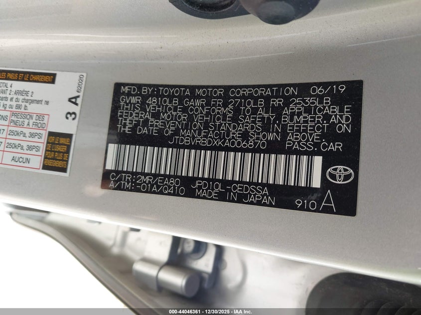 2019 Toyota Mirai VIN JTDBVRBDXKA006870 IAAI salvage auction — FRONT END, Salvage Title (California), sold $25 on 2026-07-24 (photo 9)