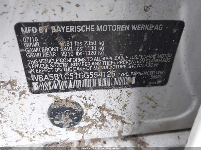2016 BMW 5er VIN WBA5B1C51GG554126 IAAI salvage auction — REAR END, Salvage Title, sold $2,500 on 2026-08-08 (photo 9)