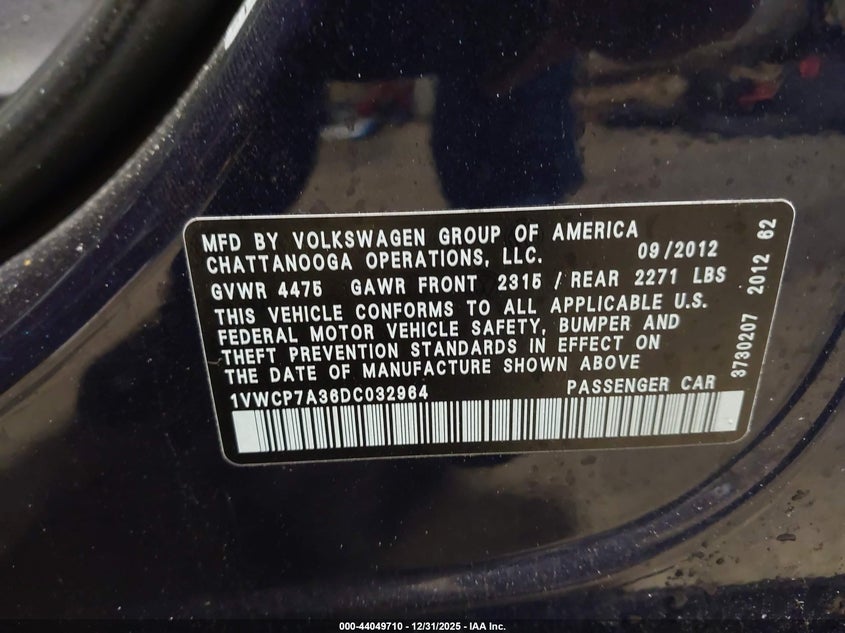 2013 Volkswagen Passat VIN 1VWCP7A36DC032964 IAAI salvage auction — SIDE, Salvage (Indiana), sold $650 on 2026-07-10 (photo 9)