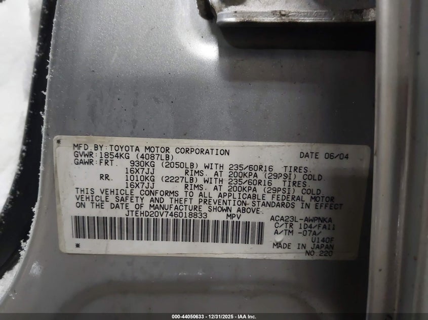 2004 Toyota Rav 4 VIN JTEHD20V746018833 IAAI salvage auction — BURN, Scrap (Michigan), sold $25 on 2026-07-27 (photo 9)
