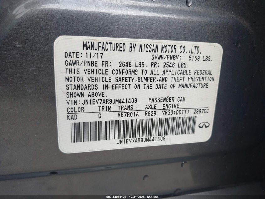 2018 Infiniti Q50 VIN JN1EV7AR9JM441409 IAAI salvage auction — UNKNOWN, Other, sold $3,450 on 2026-07-16 (photo 9)