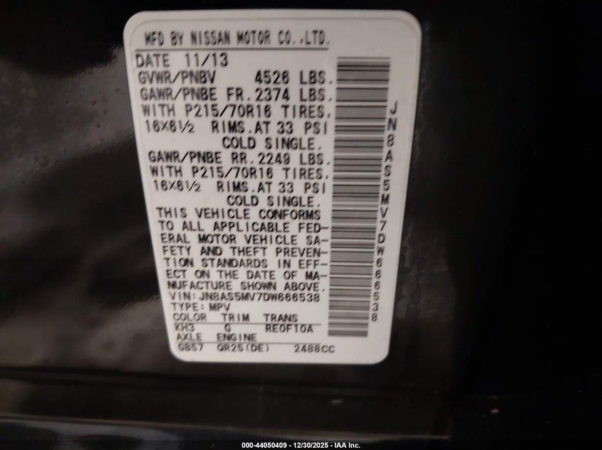 2013 Nissan Rogue VIN JN8AS5MV7DW666538 IAAI salvage auction — HAIL, Salvage Title, sold $350 on 2026-07-20 (photo 9)