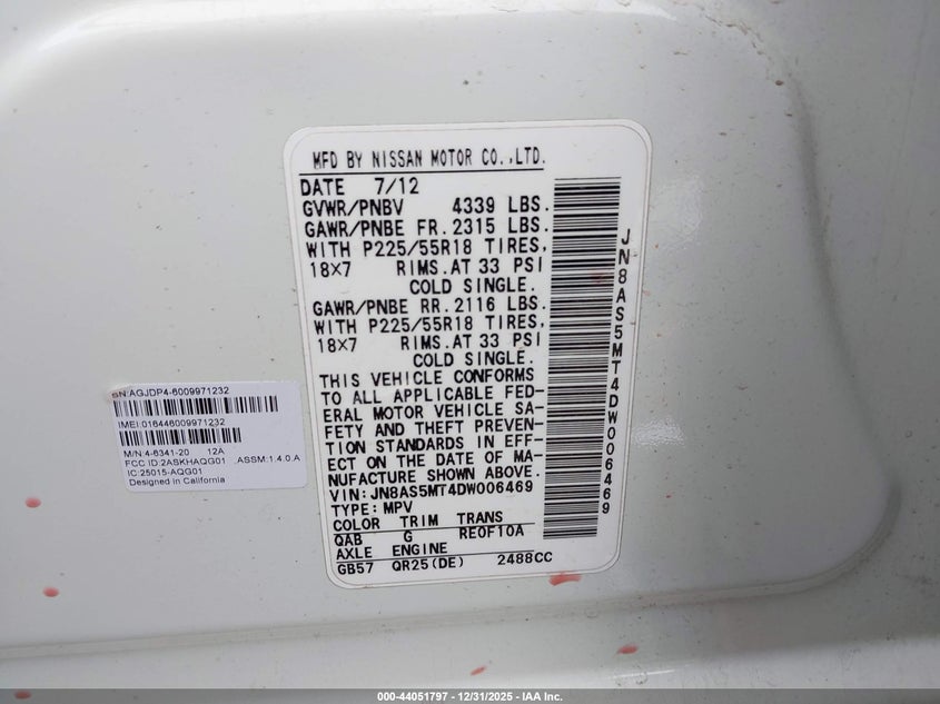 2013 Nissan Rogue VIN JN8AS5MT4DW006469 IAAI salvage auction — FRONT END, Other, sold $225 on 2026-07-07 (photo 9)