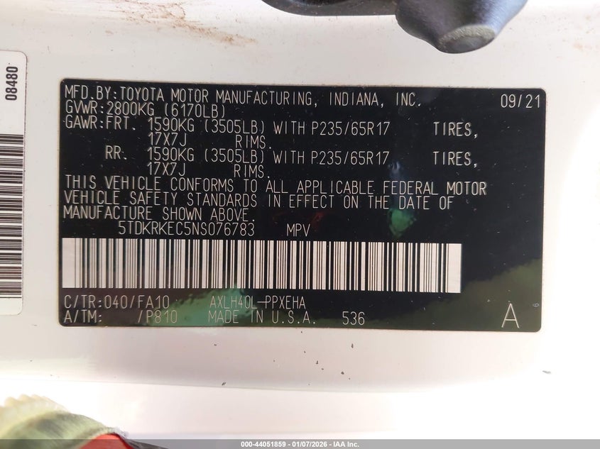 2022 Toyota Sienna VIN 5TDKRKEC5NS076783 IAAI salvage auction — REAR END, Salvage (Hawaii), sold $3,150 on 2026-07-21 (photo 9)