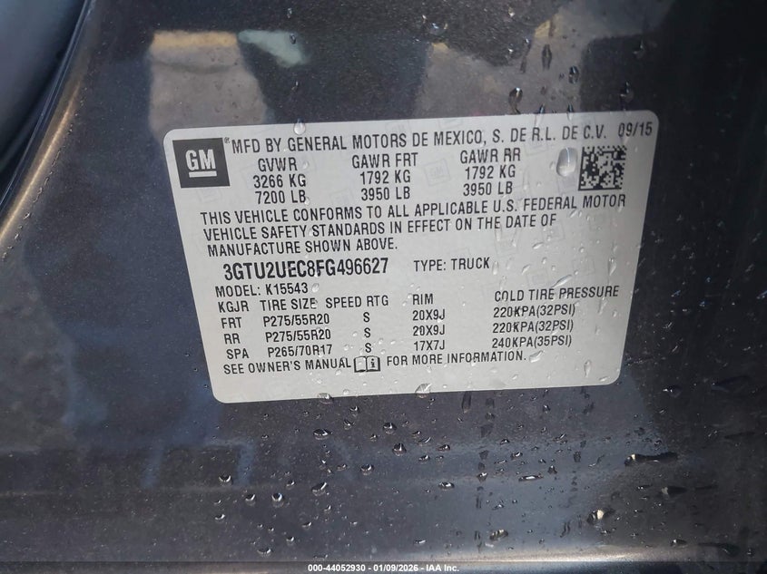 2015 Gmc Sierra 1500 VIN 3GTU2UEC8FG496627 IAAI salvage auction — FRONT END, Clear (Arkansas), sold $6,050 on 2026-07-09 (photo 9)