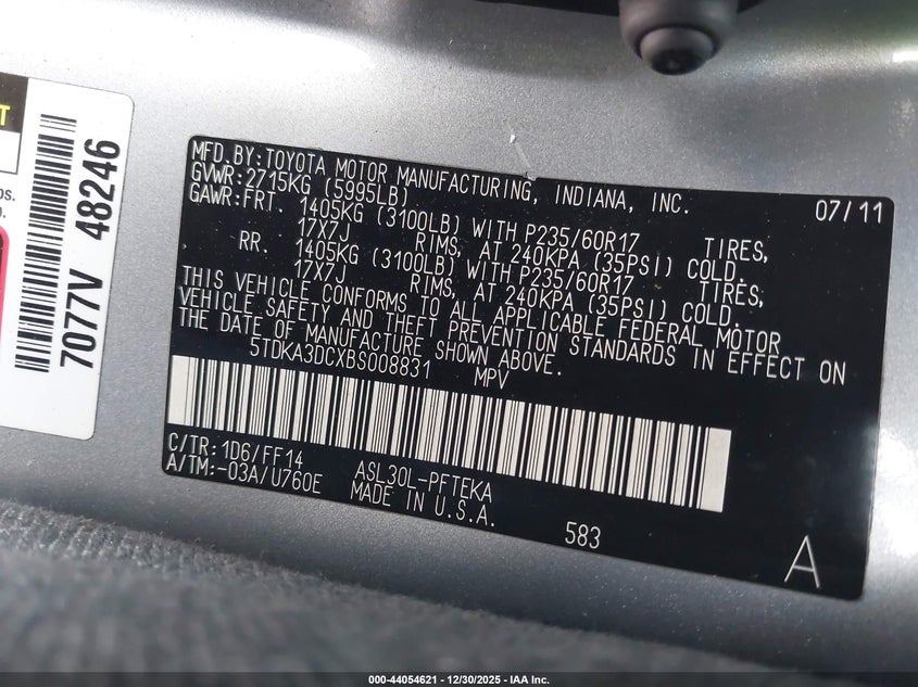 2011 Toyota Sienna VIN 5TDKA3DCXBS008831 IAAI salvage auction — UNKNOWN, Rebuildable (Florida), sold $600 on 2026-07-06 (photo 9)
