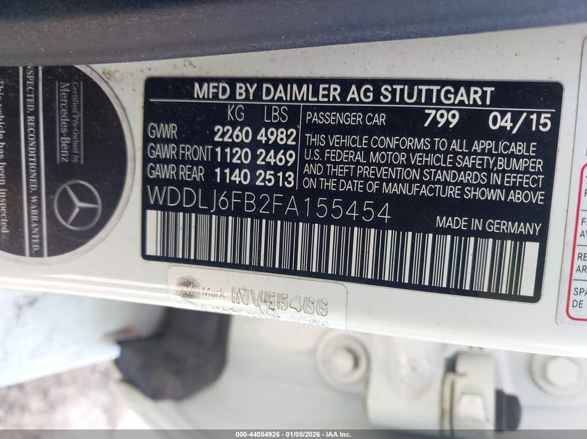 2015 Mercedes-benz Cls-class VIN WDDLJ6FB2FA155454 IAAI salvage auction — RIGHT SIDE, Other, sold $2,050 on 2026-07-29 (photo 9)