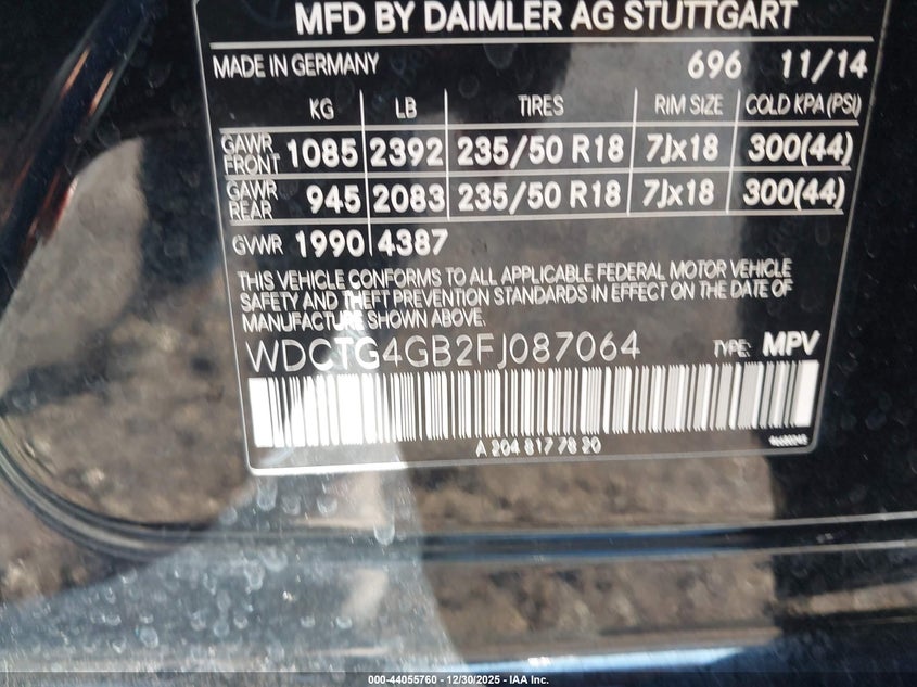 2015 Mercedes-benz Gla-klasse VIN WDCTG4GB2FJ087064 IAAI salvage auction — SIDE, Salvage Title, sold $2,800 on 2026-07-09 (photo 9)