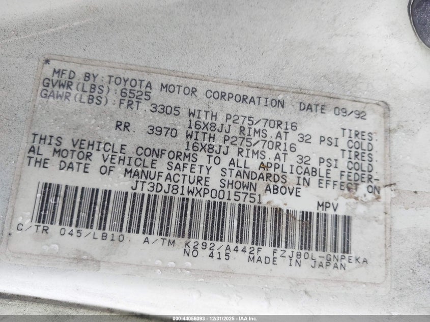 1993 Toyota Land cruiser VIN JT3DJ81WXP0015751 IAAI salvage auction — Unknown, Salvage (California), sold $1,550 on 2026-07-29 (photo 9)