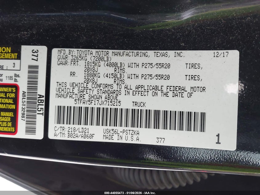 2018 Toyota Tundra VIN 5TFAY5F17JX715215 IAAI salvage auction — LEFT SIDE, Salvage (New Hampshire), sold $13,100 on 2026-07-17 (photo 9)