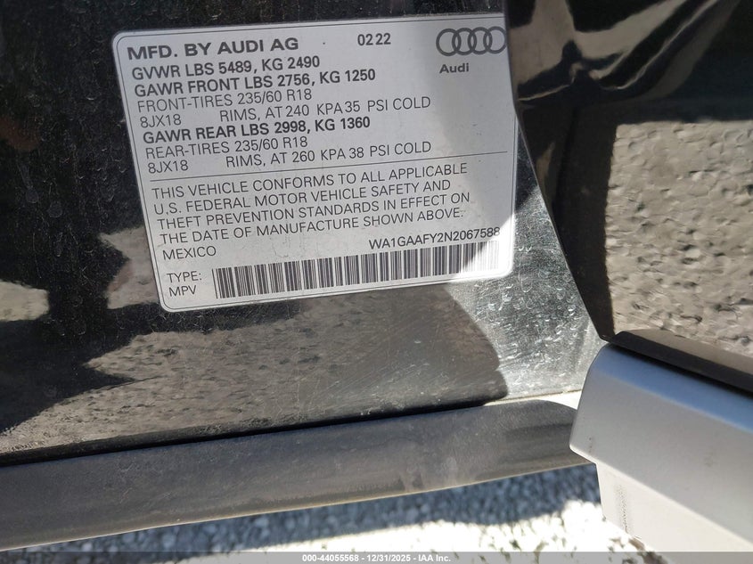 2022 Audi Q5 VIN WA1GAAFY2N2067588 IAAI salvage auction — REAR END, Other, sold $8,550 on 2026-07-07 (photo 9)