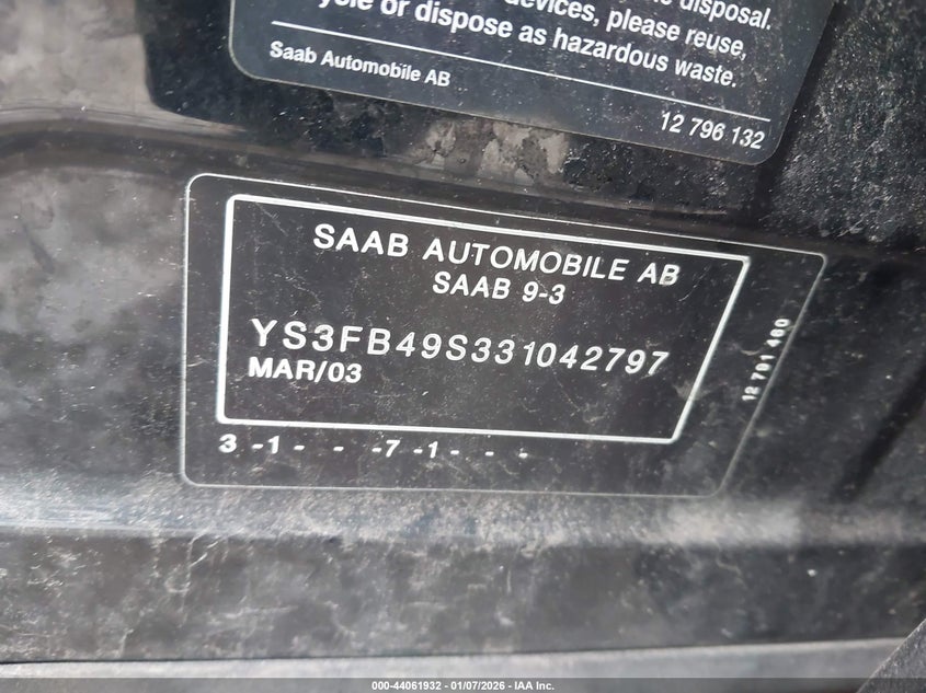 2003 Saab 9-3 VIN YS3FB49S331042797 IAAI salvage auction — LEFT REAR, Clear (Illinois), sold $450 on 2026-07-28 (photo 9)