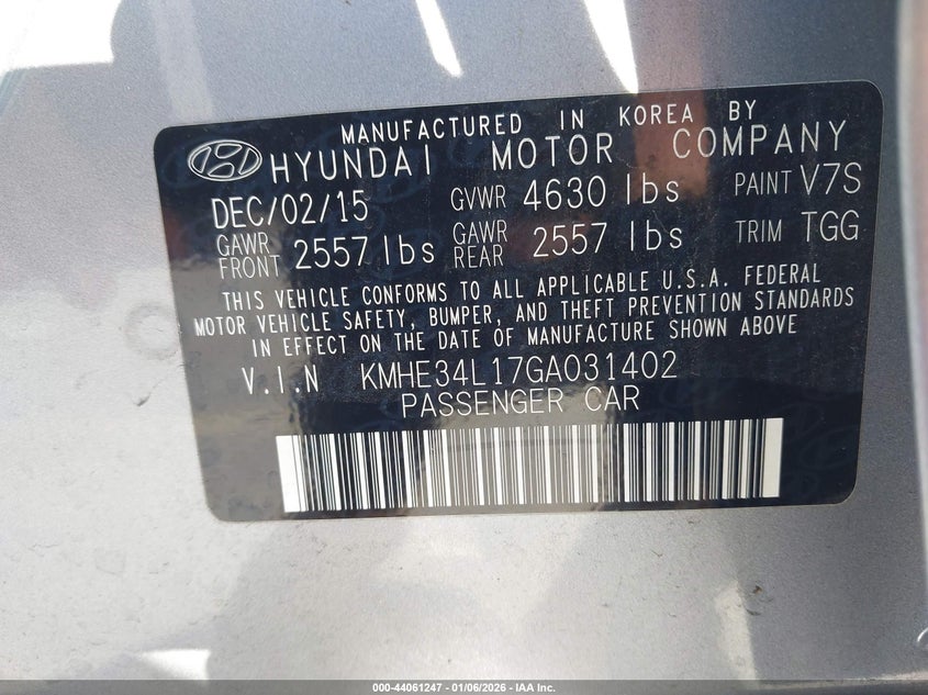 2016 Hyundai Sonata hybrid VIN KMHE34L17GA031402 IAAI salvage auction — FRONT END, Other, sold $1,500 on 2026-07-06 (photo 9)