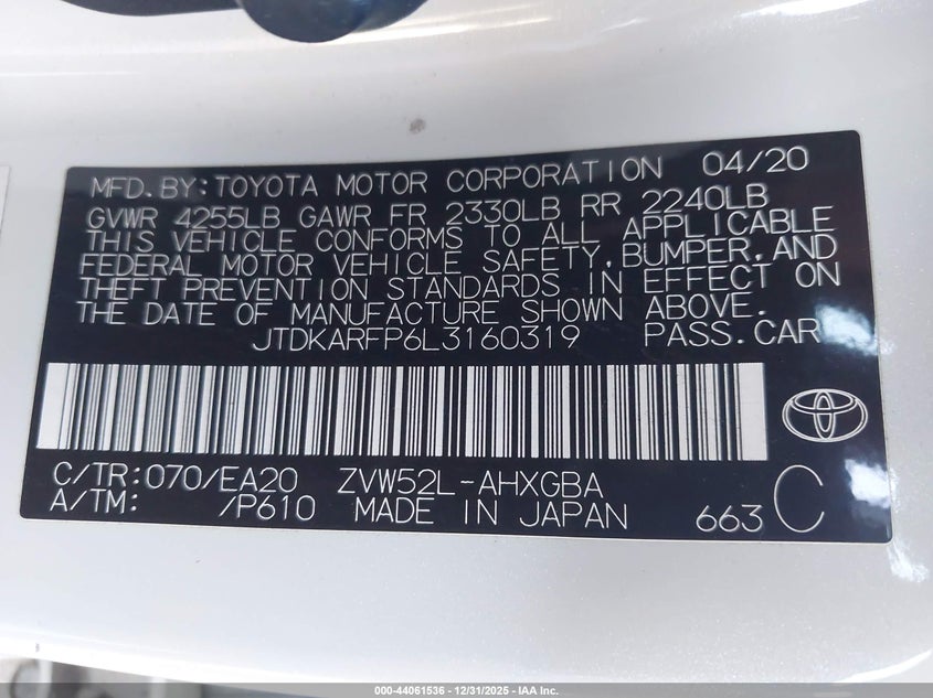 2020 Toyota Prius prime VIN JTDKARFP6L3160319 IAAI salvage auction — RIGHT SIDE, Clear (Oklahoma), sold $7,300 on 2026-07-30 (photo 9)
