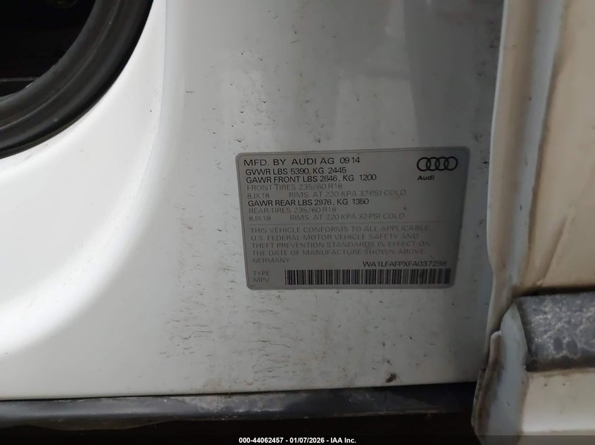 2015 Audi Q5 VIN WA1LFAFPXFA037298 IAAI salvage auction — FRONT END, Salvage Title, sold $300 on 2026-07-16 (photo 9)
