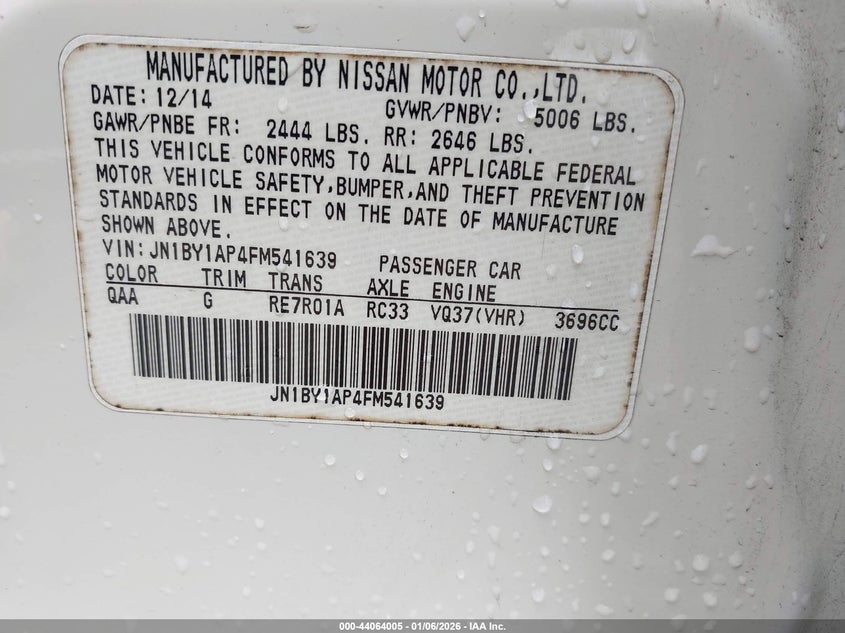 2015 Infiniti Q70 VIN JN1BY1AP4FM541639 IAAI salvage auction — REAR END, Other, sold $1,050 on 2026-07-15 (photo 9)