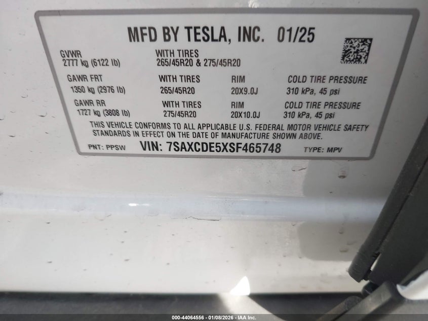 2025 Tesla Model x VIN 7SAXCDE5XSF465748 IAAI salvage auction — FRONT END, Salvage Title, sold $38,100 on 2026-07-17 (photo 9)