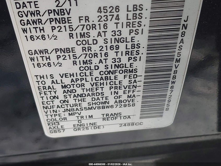 2011 Nissan Rogue sport VIN JN8AS5MV8BW672958 IAAI salvage auction — LEFT FRONT, Bill Of Sale (New York), sold $425 on 2026-07-14 (photo 9)