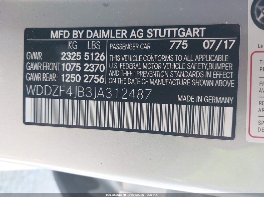 2018 Mercedes-benz E-klasse VIN WDDZF4JB3JA312487 IAAI salvage auction — ALL OVER, Salvage Title, sold $8,200 on 2026-07-23 (photo 6)