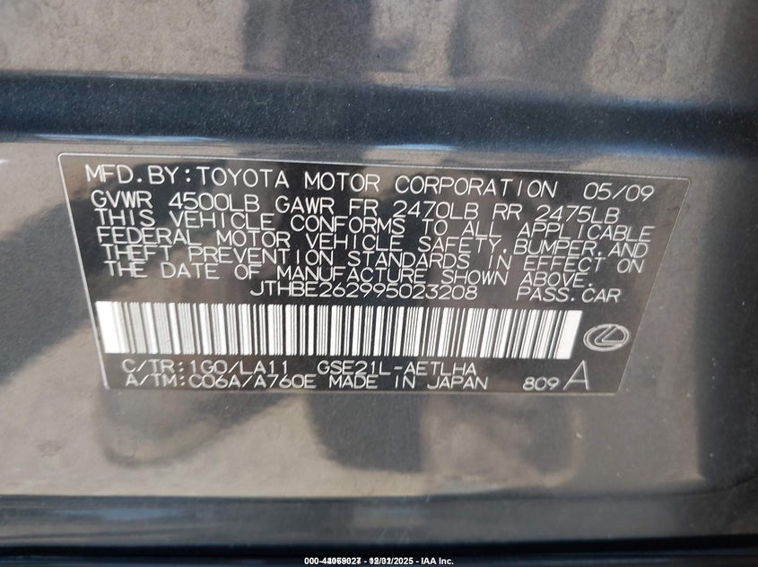 2009 Lexus Is 350 VIN JTHBE262995023208 IAAI salvage auction — REAR END, Salvage (Idaho), sold $500 on 2026-07-15 (photo 9)