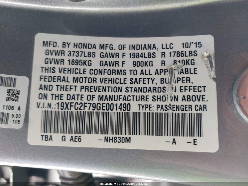 2016 Honda Civic VIN 19XFC2F79GE001490 IAAI salvage auction — FRONT & REAR, Other, sold $1,250 on 2026-08-22 (photo 9)