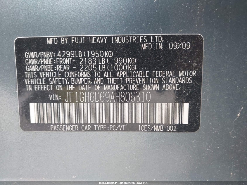 2010 Subaru Impreza VIN JF1GH6D69AH806310 IAAI salvage auction — BIO HAZARD, Court Order (Georgia), sold $250 on 2026-07-17 (photo 9)