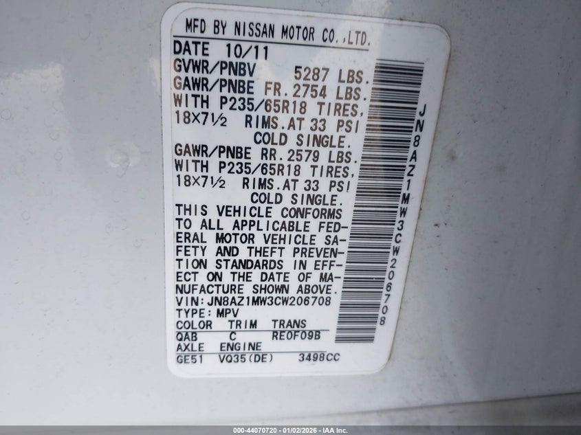 2012 Nissan Murano VIN JN8AZ1MW3CW206708 IAAI salvage auction — RIGHT SIDE, Salvage (Indiana), sold $1,100 on 2026-07-17 (photo 9)