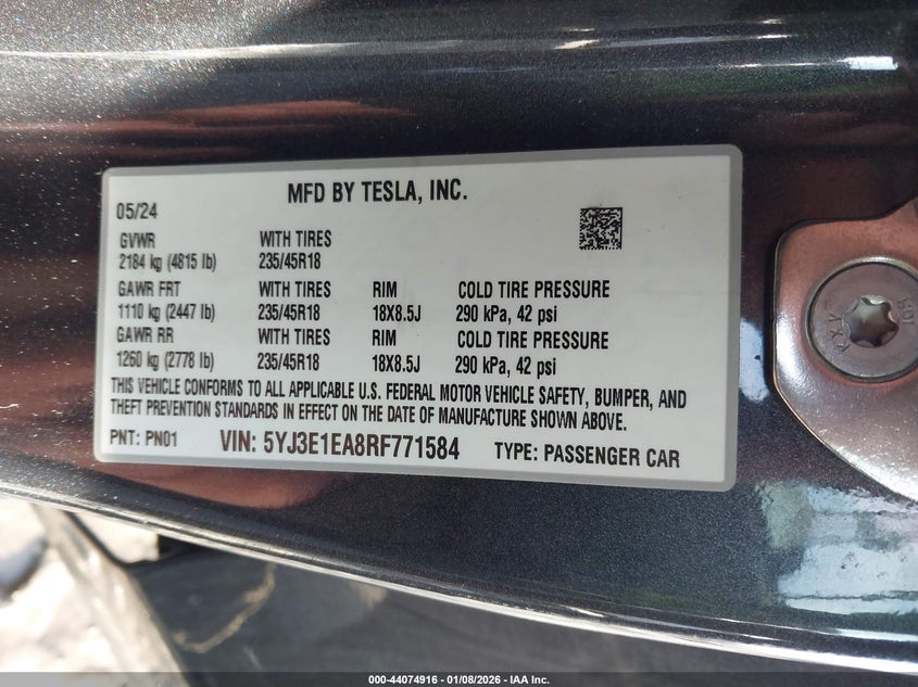 2024 Tesla Model 3 VIN 5YJ3E1EA8RF771584 IAAI salvage auction — FRONT END, Salvage (Pennsylvania), sold $11,300 on 2026-07-10 (photo 9)