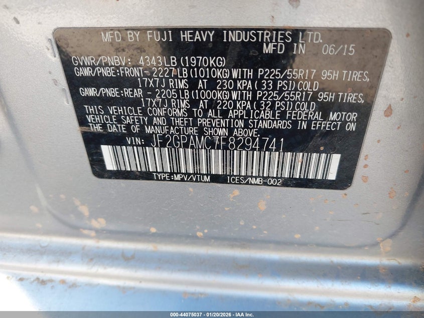 2015 Subaru Xv VIN JF2GPAMC7F8294741 IAAI salvage auction — FRONT END, Junk (Oklahoma), sold $625 on 2026-07-28 (photo 9)