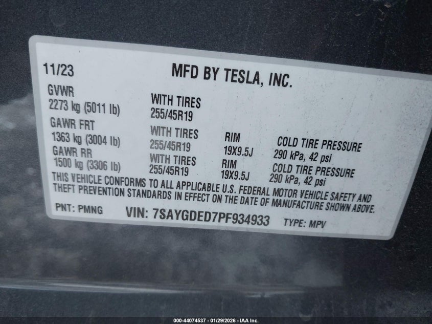 2023 Tesla Model y VIN 7SAYGDED7PF934933 IAAI salvage auction — FRONT END, Salvage Title, sold $7,600 on 2026-07-13 (photo 9)